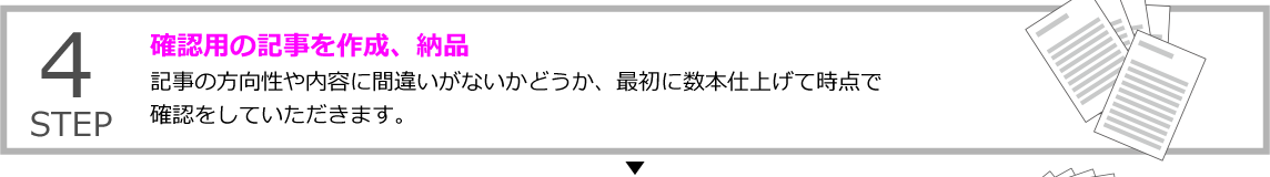 STEP4 確認用の記事を作成、納品
記事の方向性や内容に間違いがないかどうか、最初に数本仕上げて時点で確認をしていただきます。